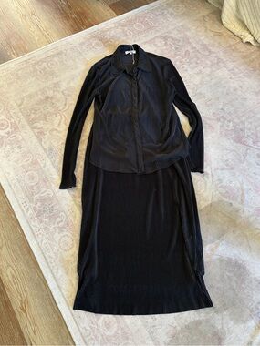 Long Sleeve Black Pleated Two-Piece Dress Set